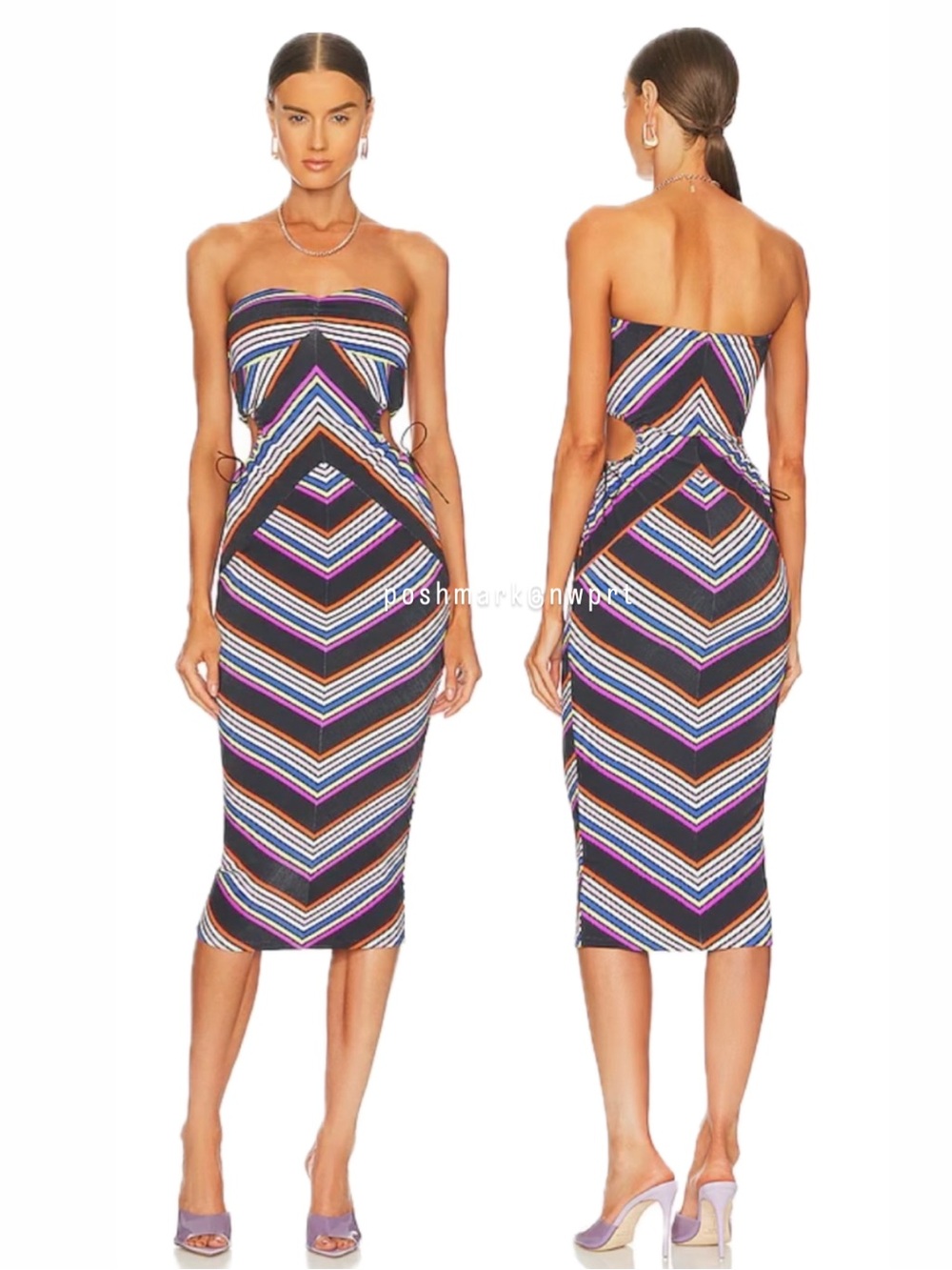 FLEUR DU MAL Striped Rib Chevron Cutout Midi Dress Multicolor Stripe XS